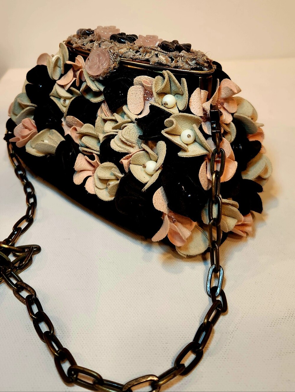 Mary Frances pink and black floral embellished chain strap handbag purse